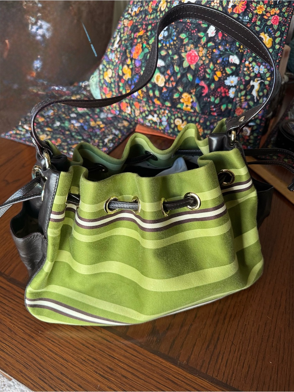 KATE SPADE Anne Bucket Shoulder Bag Satchel Green Mullen Stripe Striped Leather
